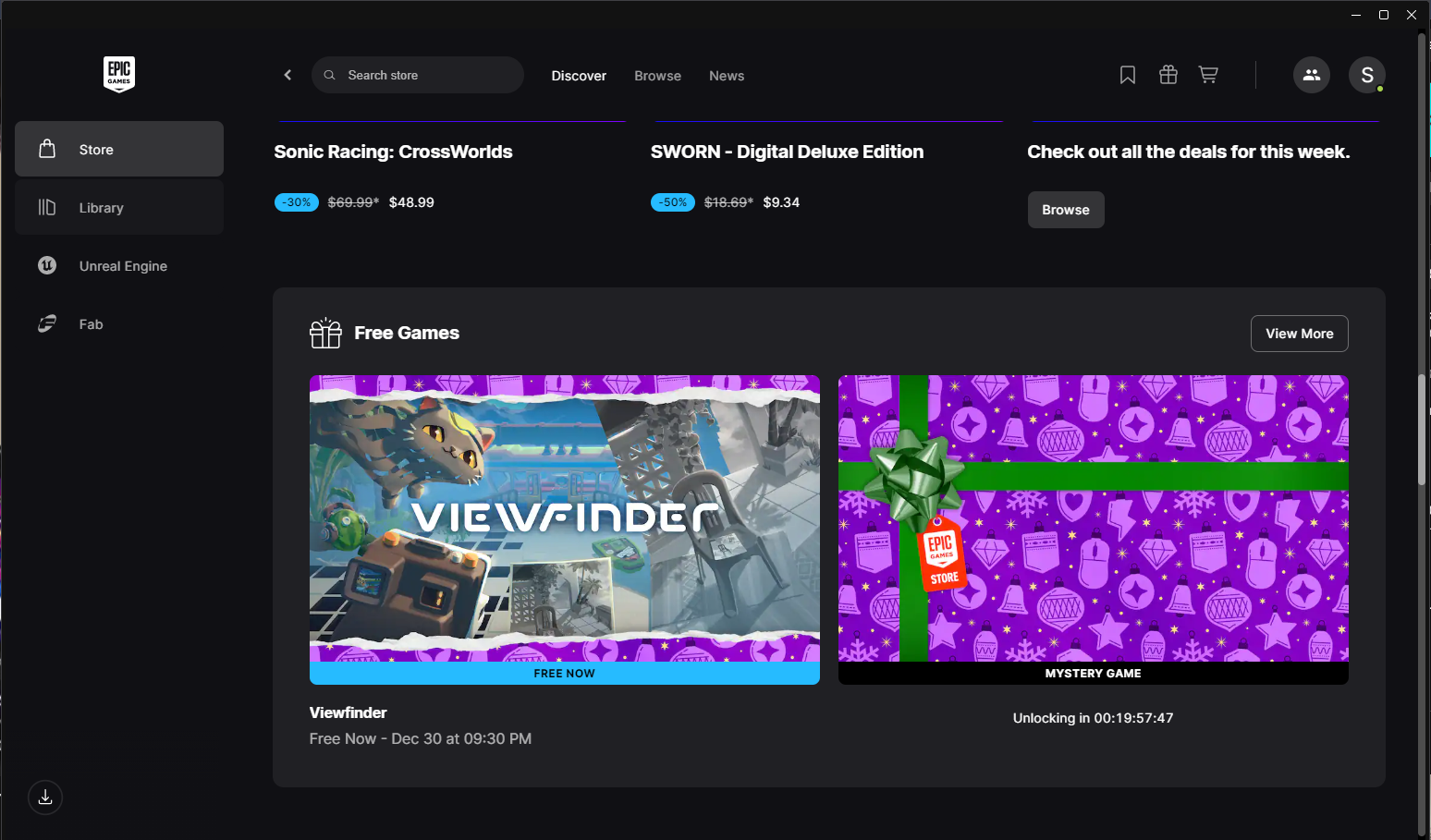 find Free game section in epic game stoe